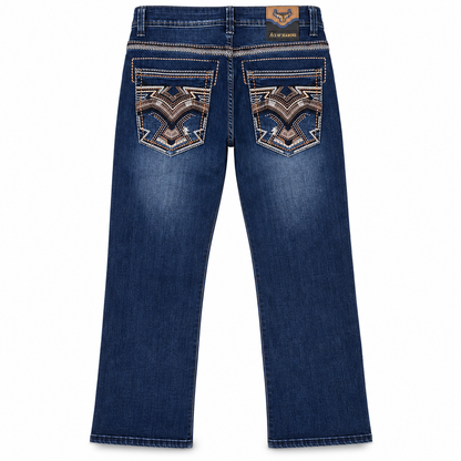 Men's Dark Blue Western Bootcut Jeans with Embroidered Pockets – P-1510