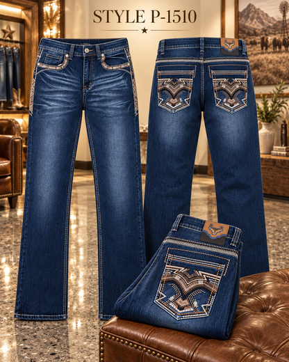 Men's dark blue western bootcut jeans with embroidered back pockets style P-1510