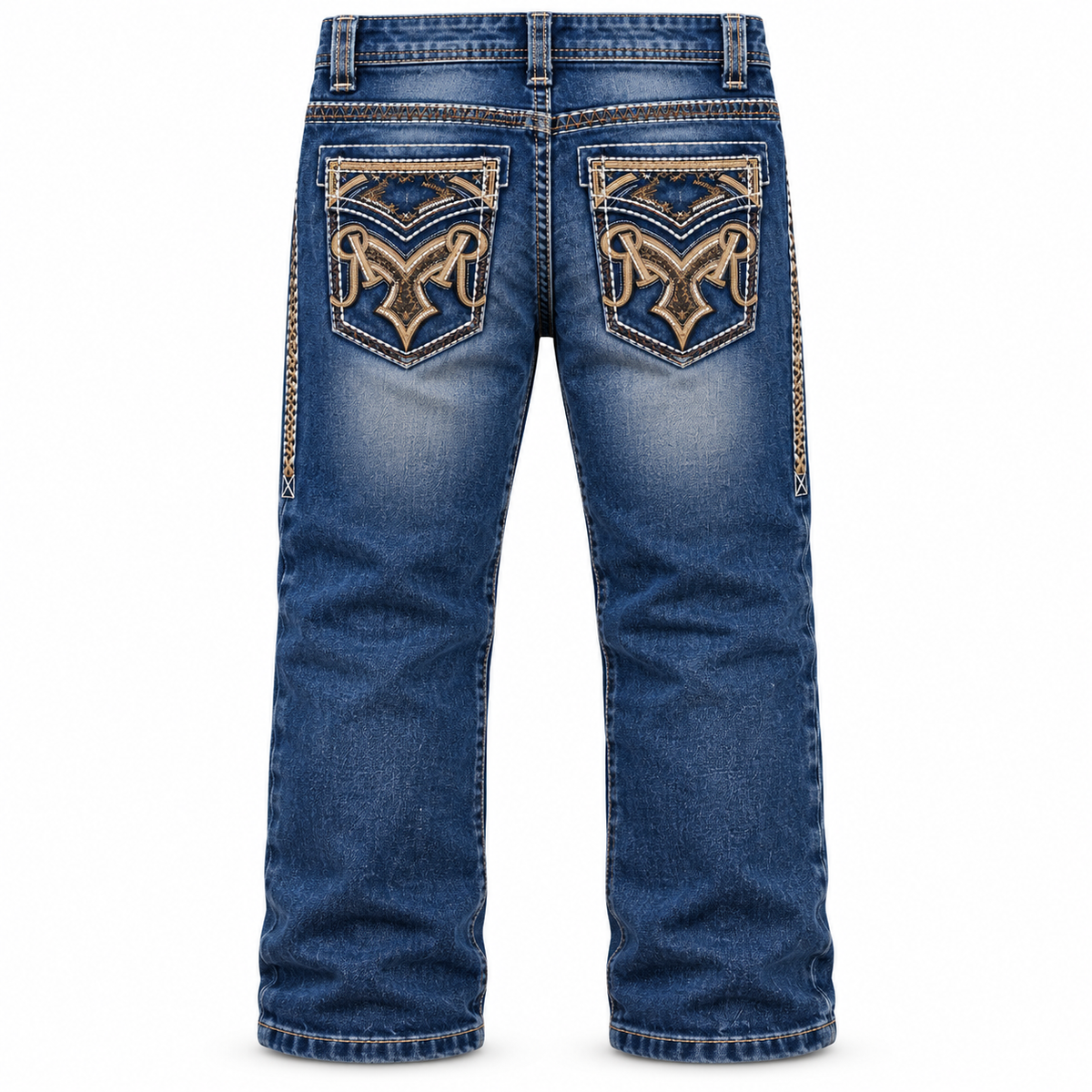 Kids western jeans P-1520 Mid Blue Tan Embroidery back view