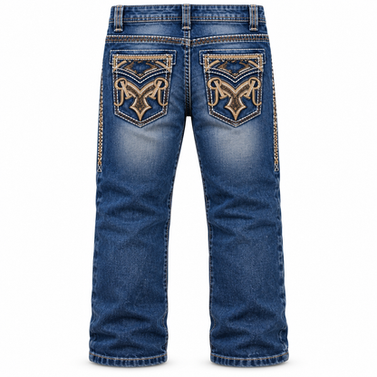 Kids western jeans P-1520 Mid Blue Tan Embroidery back view