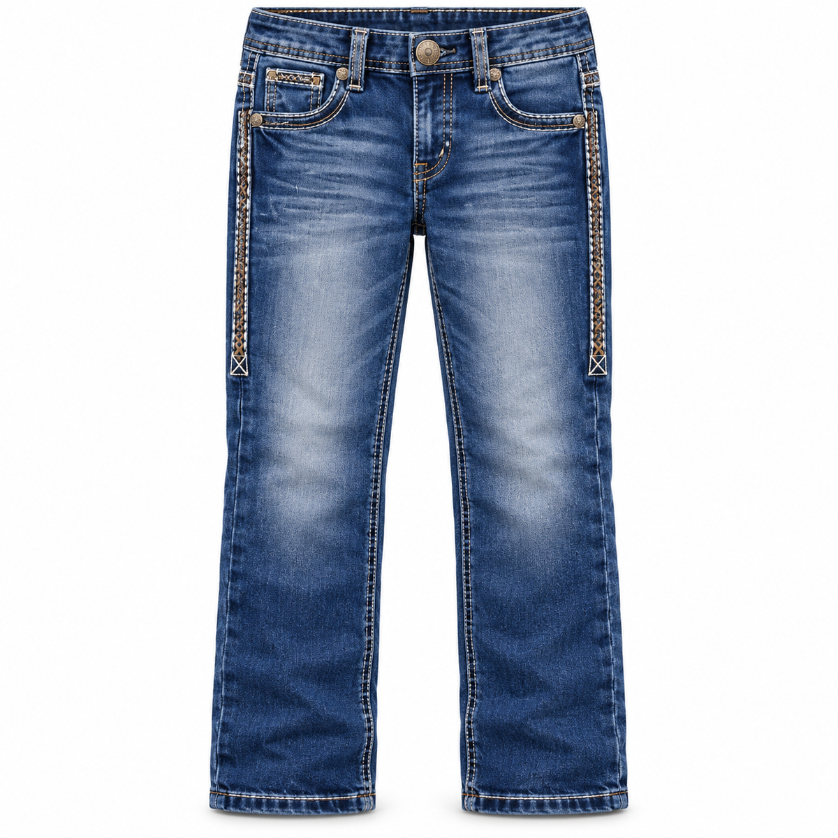 Kids western jeans P-1520 Mid Blue Tan Embroidery front view