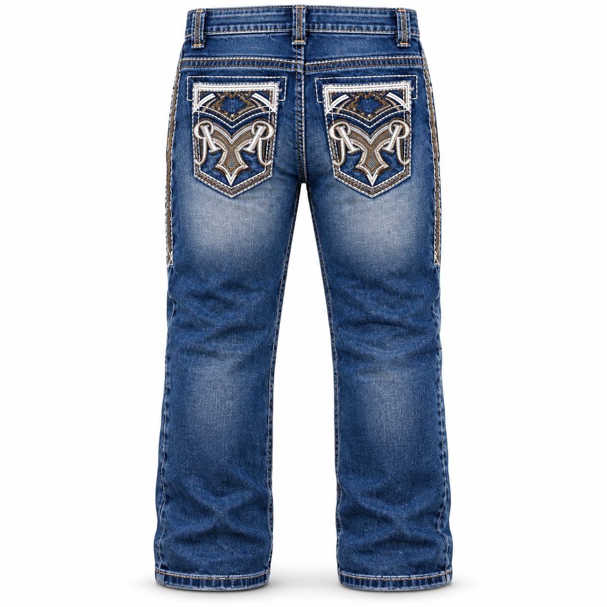 Kids western jeans P-1520 Mid Blue White Embroidery back view
