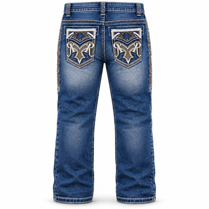 Kids western jeans P-1520 Mid Blue White Embroidery back view