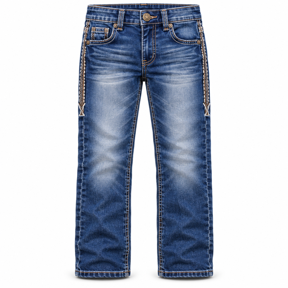 Kids western jeans P-1520 Mid Blue White Embroidery front view