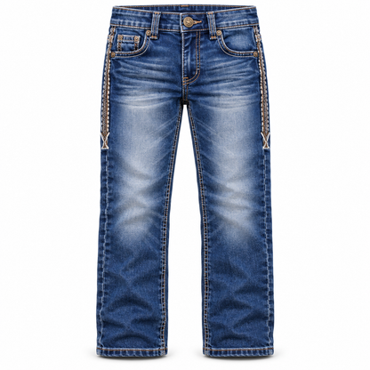 Kids western jeans P-1520 Mid Blue White Embroidery front view