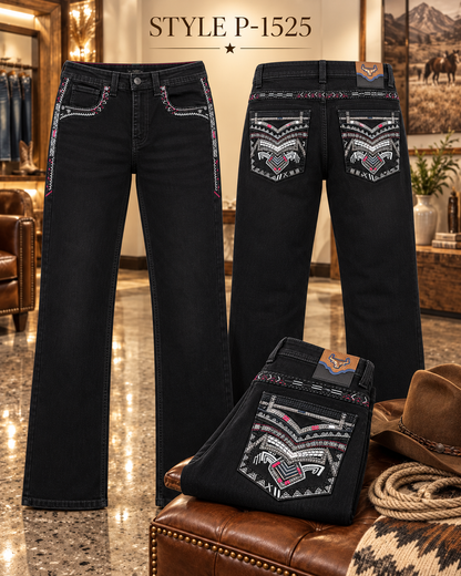 Men's black western bootcut jeans with embroidered back pockets style P-1525
