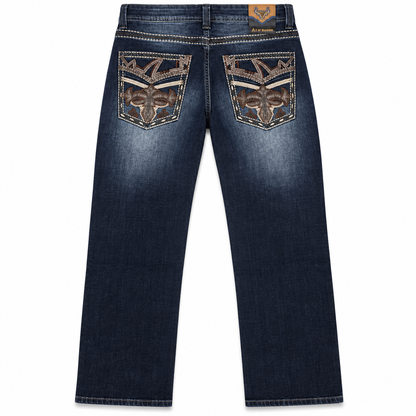 Men's Dark Blue Western Bootcut Jeans with Cross Embroidery – P-1535