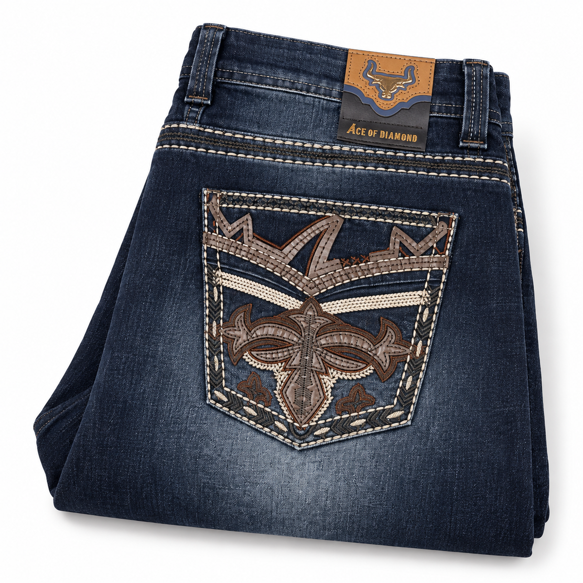 Men's Dark Blue Western Bootcut Jeans with Cross Embroidery – P-1535