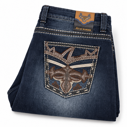 Men's Dark Blue Western Bootcut Jeans with Cross Embroidery – P-1535