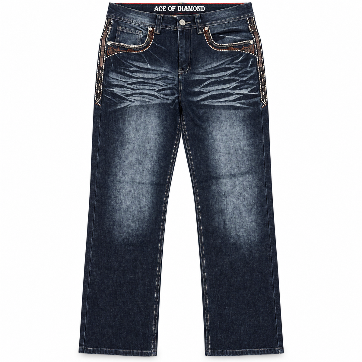 Men's Dark Blue Western Bootcut Jeans with Cross Embroidery – P-1535