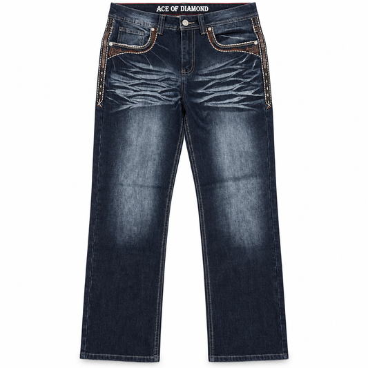Men's Dark Blue Western Bootcut Jeans with Cross Embroidery – P-1535