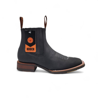 Men’s Handcrafted Square Toe Botin Black – Leather Short Cowboy Boot with Lightweight Rubber Sole