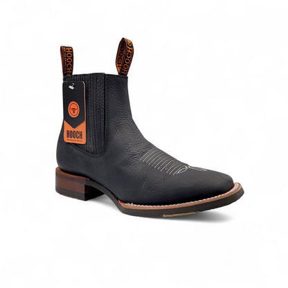 Men’s Handcrafted Square Toe Botin Black – Leather Short Cowboy Boot with Lightweight Rubber Sole