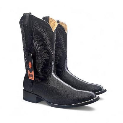 Men’s Wide Square Toe Full Rowstone Stingray Print Western Boot Genuine Leather