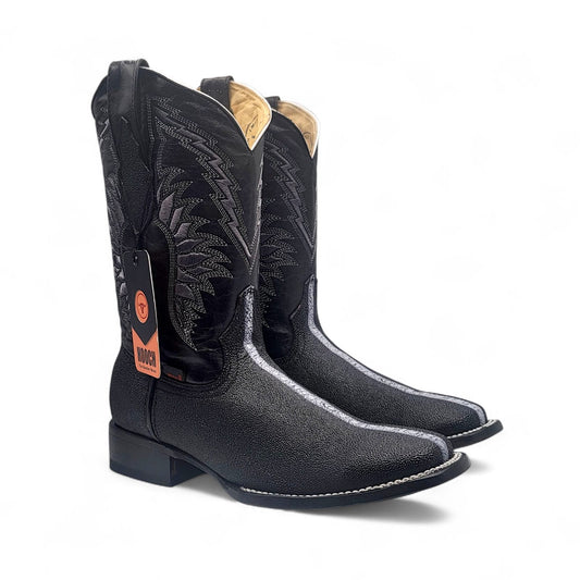 Men’s Wide Square Toe Full Rowstone Stingray Print Western Boot Genuine Leather