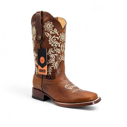 Women’s Square Toe Western Boots Honey Genuine Leather Embroidered 12” Shaft – H227251