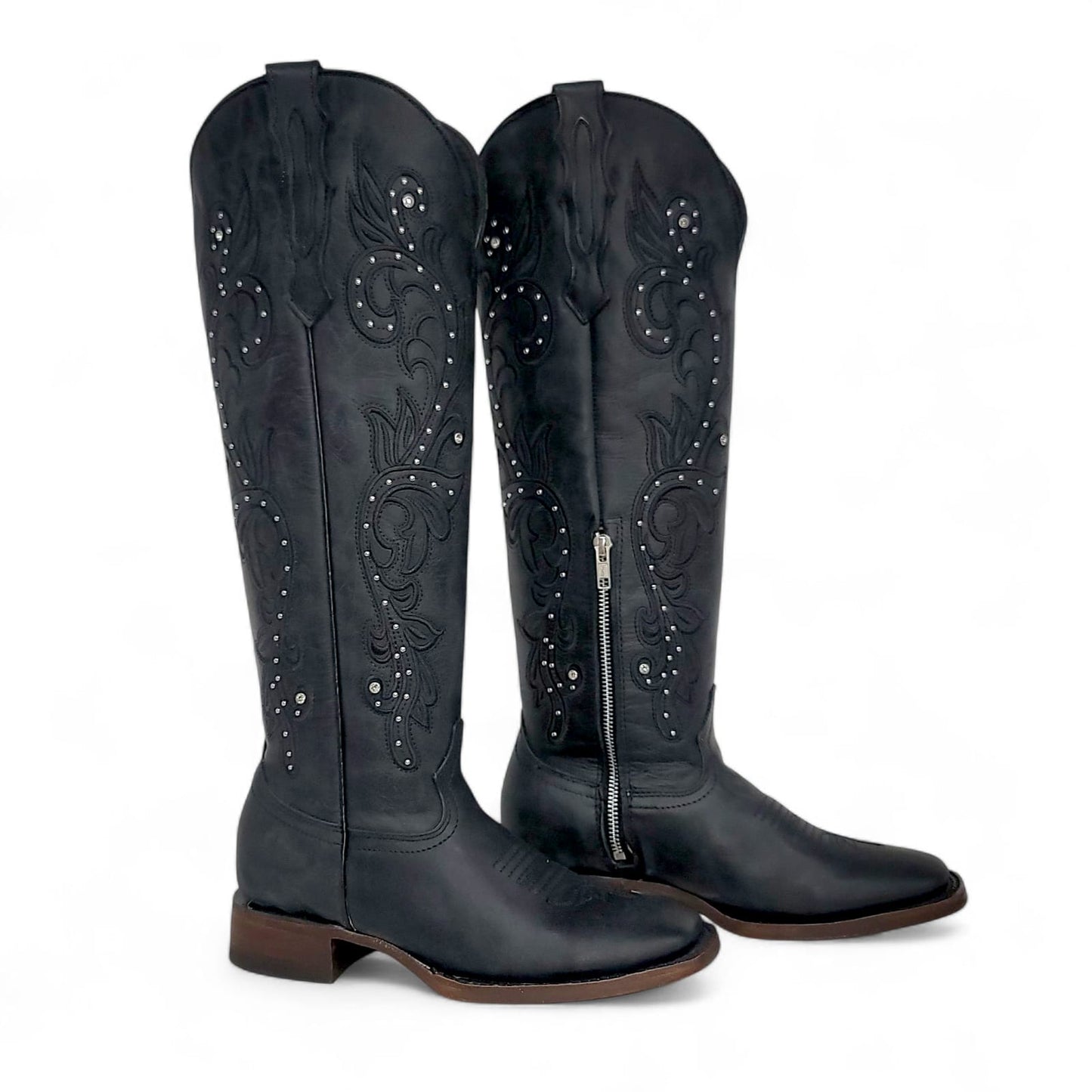 Womens Tall Square Toe Western Boot Black – Genuine Grasso Leather Handcrafted H22T2605