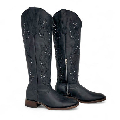 Womens Tall Square Toe Western Boot Black – Genuine Grasso Leather Handcrafted H22T2605