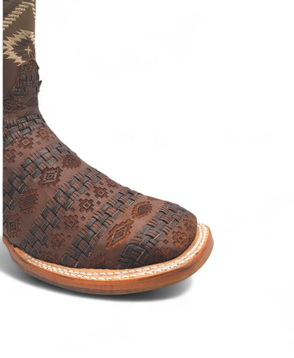 Mens Petatillo Leather Boot Chocolate – Laser Engraved Design with Transparent Rubber Sole FINAL SALE
