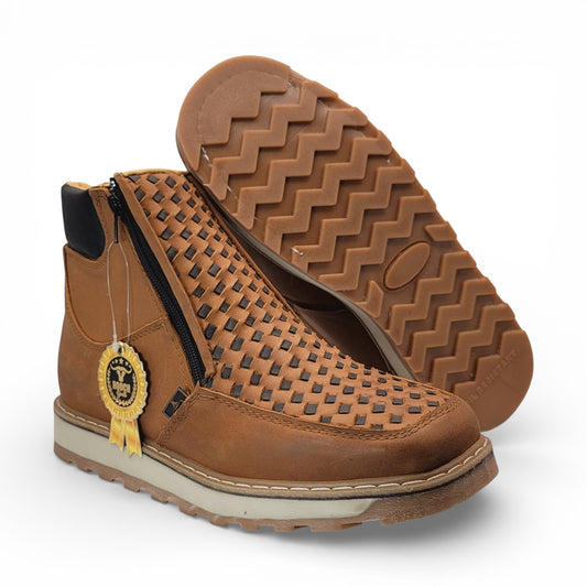 Mens Double Zipper Square Toe Shoe – Genuine Petatillo Leather Honey & Chocolate FINAL SALE