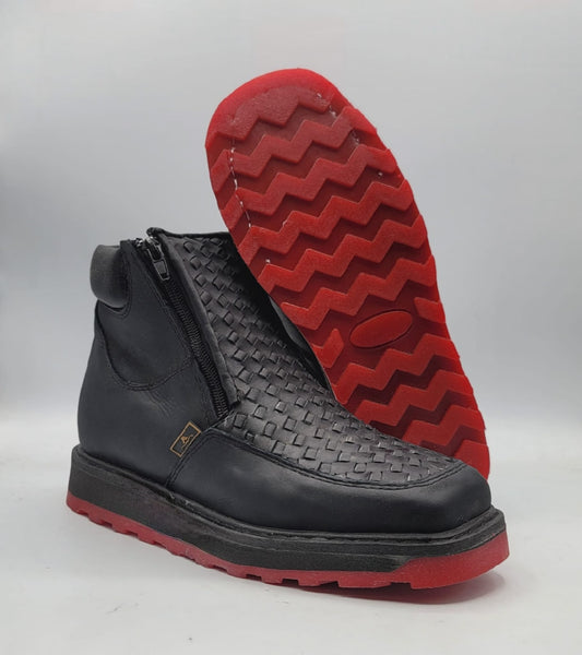 Mens Double Zipper Square Toe Shoe – Black Petatillo Leather with Red Rubber Sole