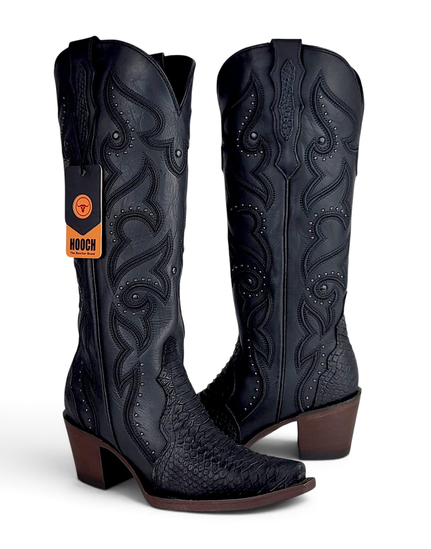 Women’s black genuine leather embossed reptile print tall Western boots H23T0563