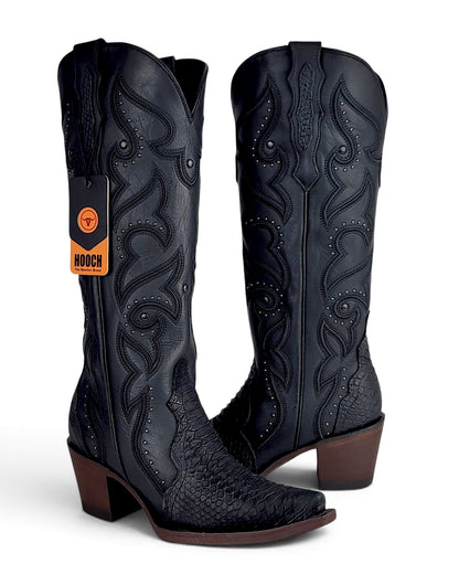 Women’s black genuine leather embossed reptile print tall Western boots H23T0563