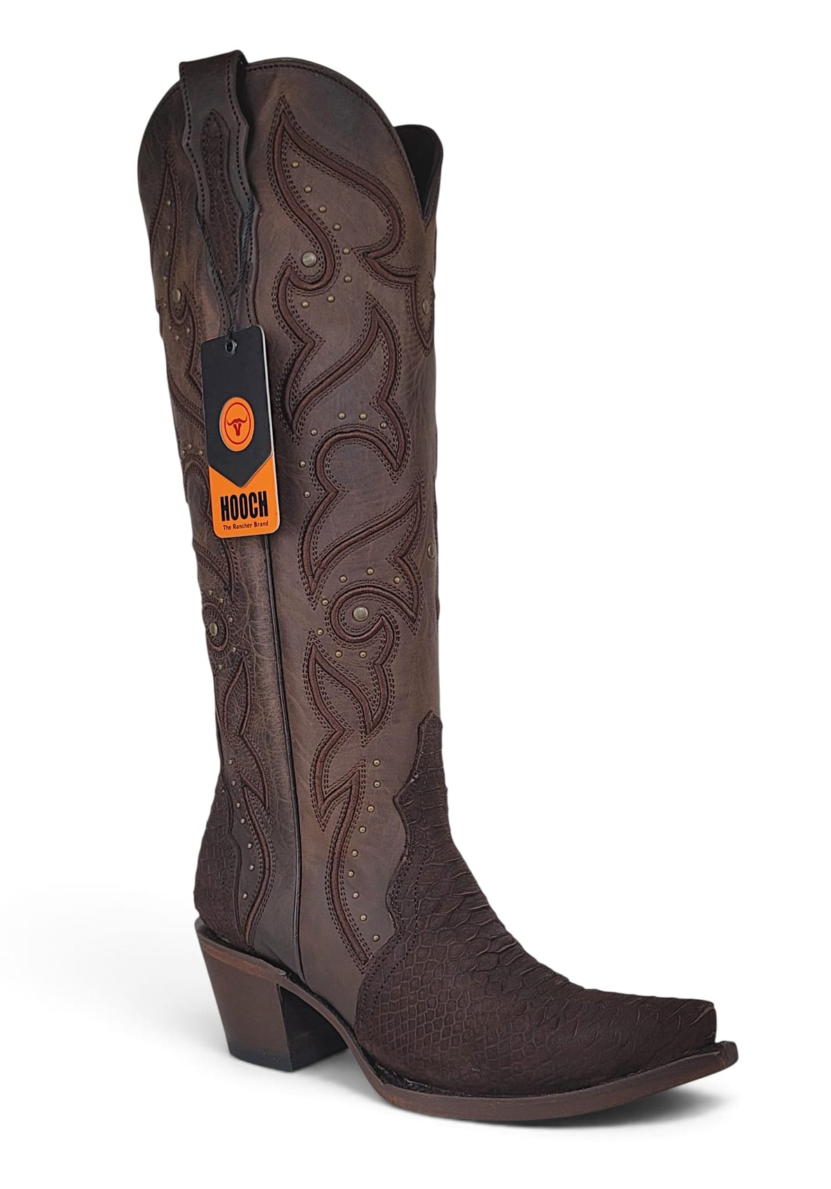 Women’s brown genuine leather embossed reptile print tall Western boot H23T9463