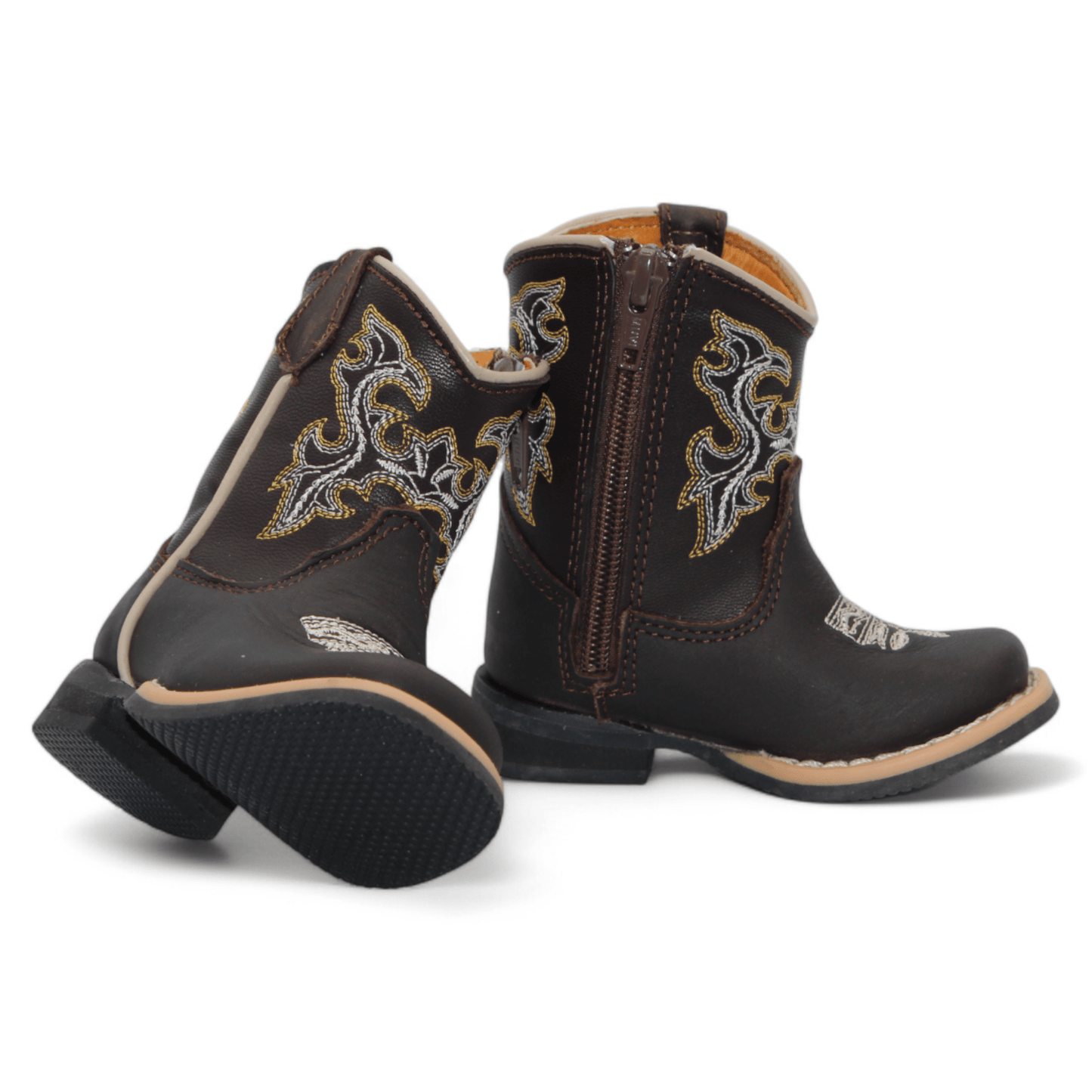 H516 baby boys chocolate leather Western boots with side zipper and rubber sole