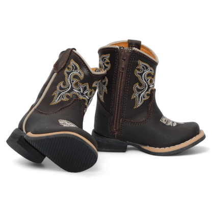 H516 baby boys chocolate leather Western boots with side zipper and rubber sole
