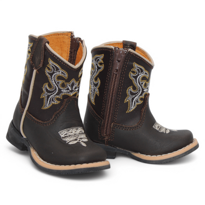 Front view of baby boys chocolate genuine leather square toe Western boots