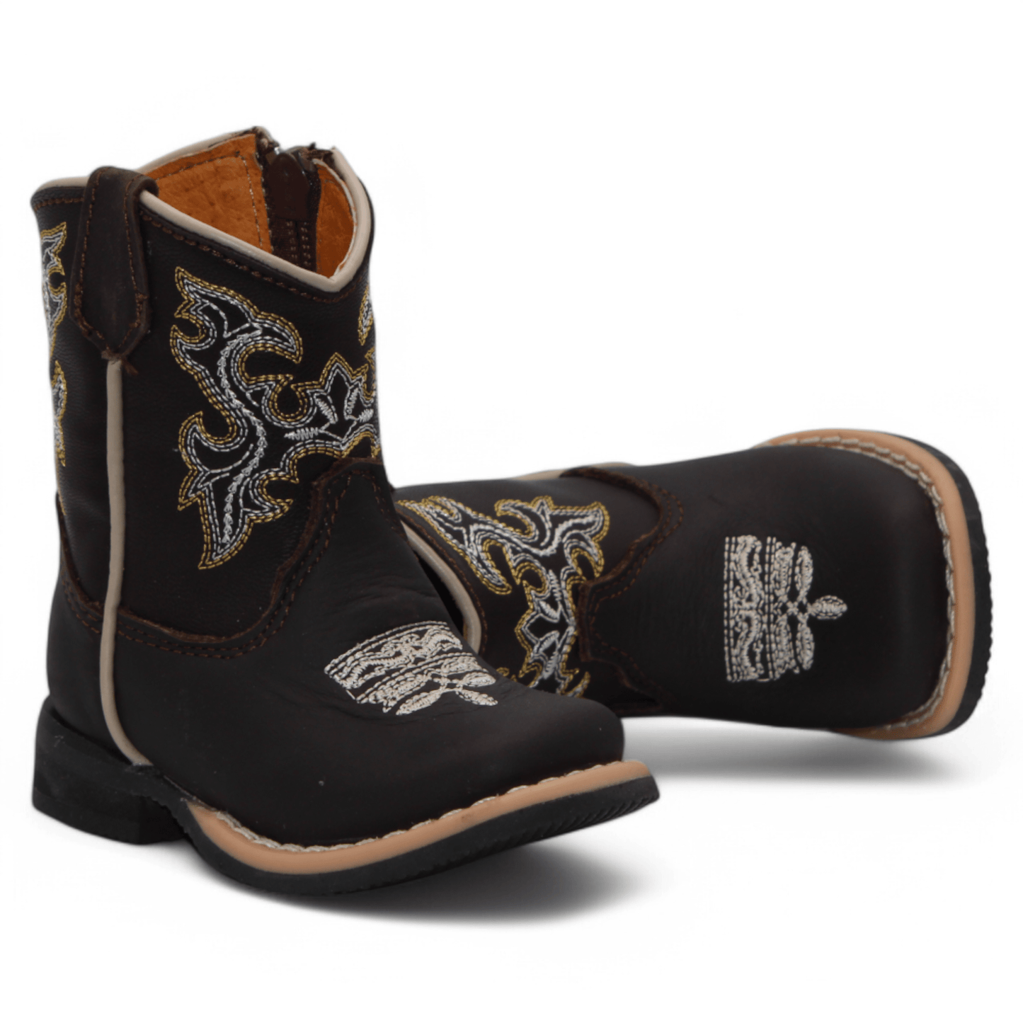 Side and toe view of H516 baby boys chocolate genuine leather Western boots