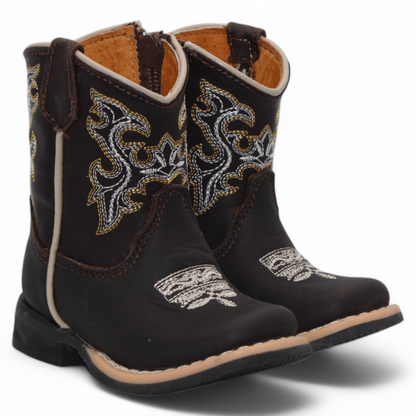 Baby boys genuine leather square toe Western boots in chocolate H516