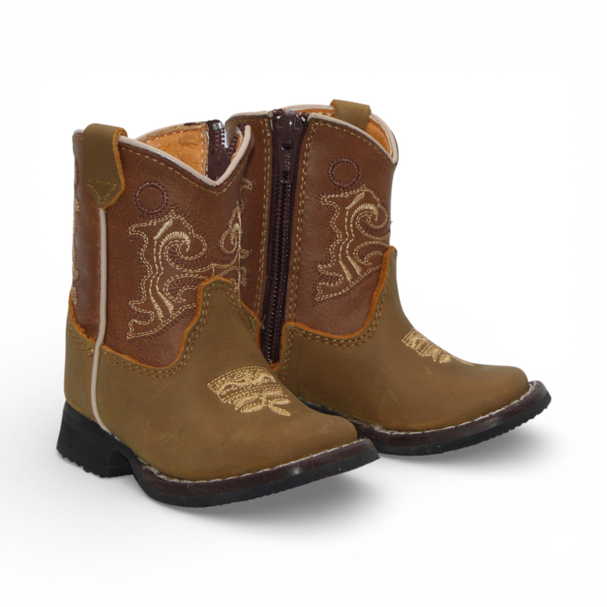Pair of H513 baby genuine leather square toe Western boots in olive and brown