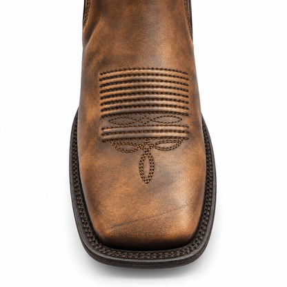 Toe and stitching detail of Besserro 6440 polished leather boot in Brown Tint