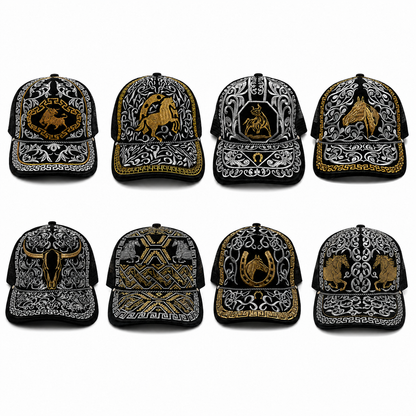All eight black Western embroidered trucker hat designs