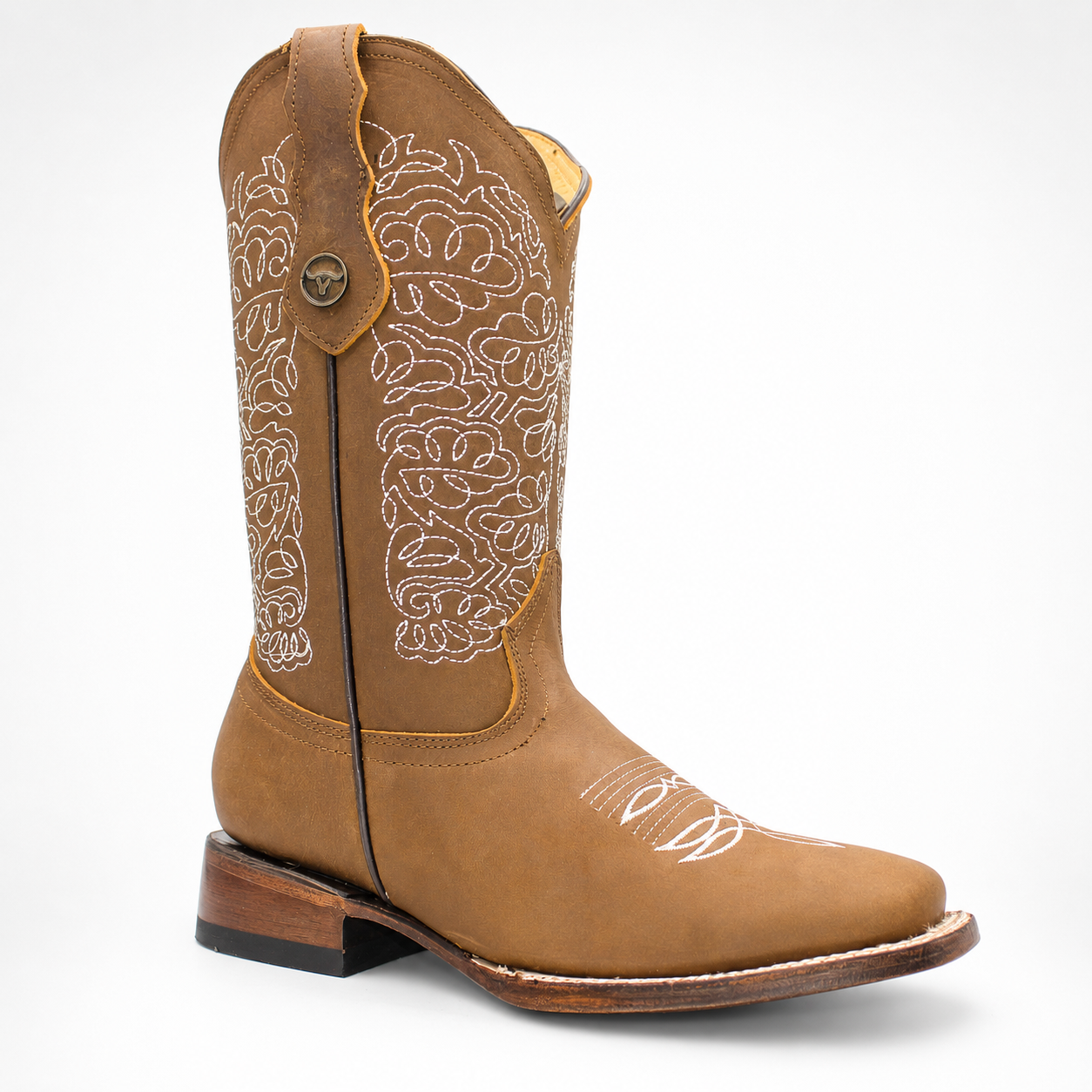 Women’s tan crazy leather wide square toe Western boot H221231 – three-quarter view