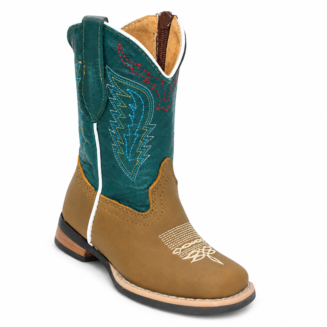Hooch kids tan genuine leather laser engraved wide square toe cowboy boot H321231B