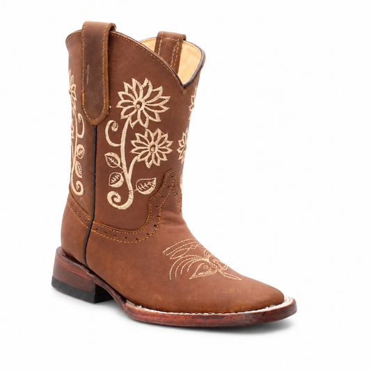 Hooch kids tan genuine leather floral embroidered square toe cowboy boot H322631F