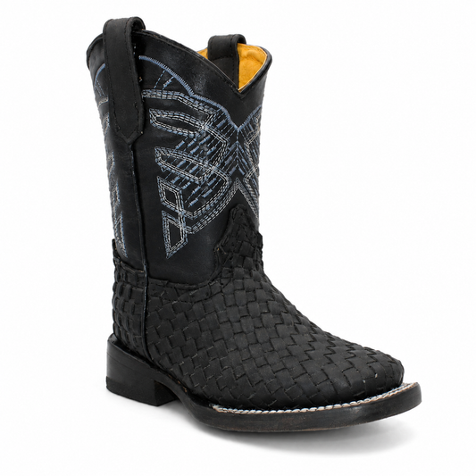 Hooch kids black petatillo leather wide square toe cowboy boot H323105