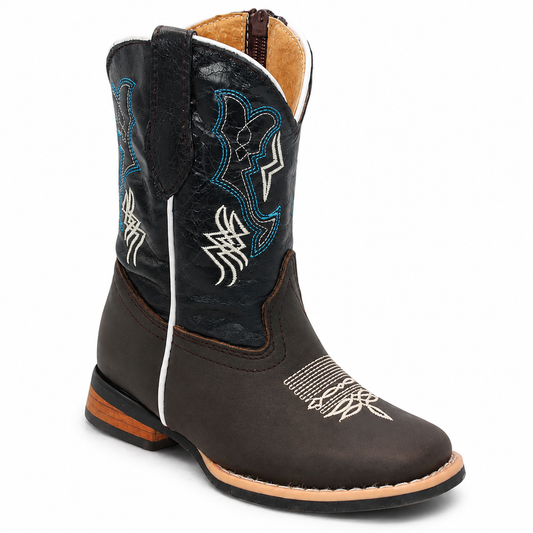 Hooch kids chocolate genuine leather laser engraved wide square toe cowboy boot H324294B