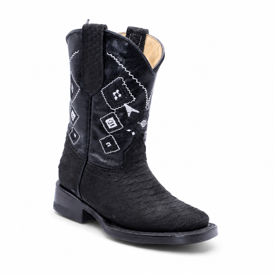 Hooch kids black embossed reptile print genuine leather square toe cowboy boot H326305