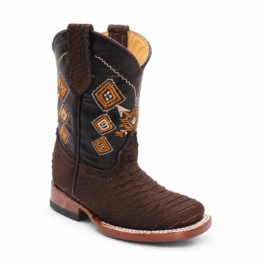 Hooch kids chocolate embossed reptile print genuine leather square toe cowboy boot H326394