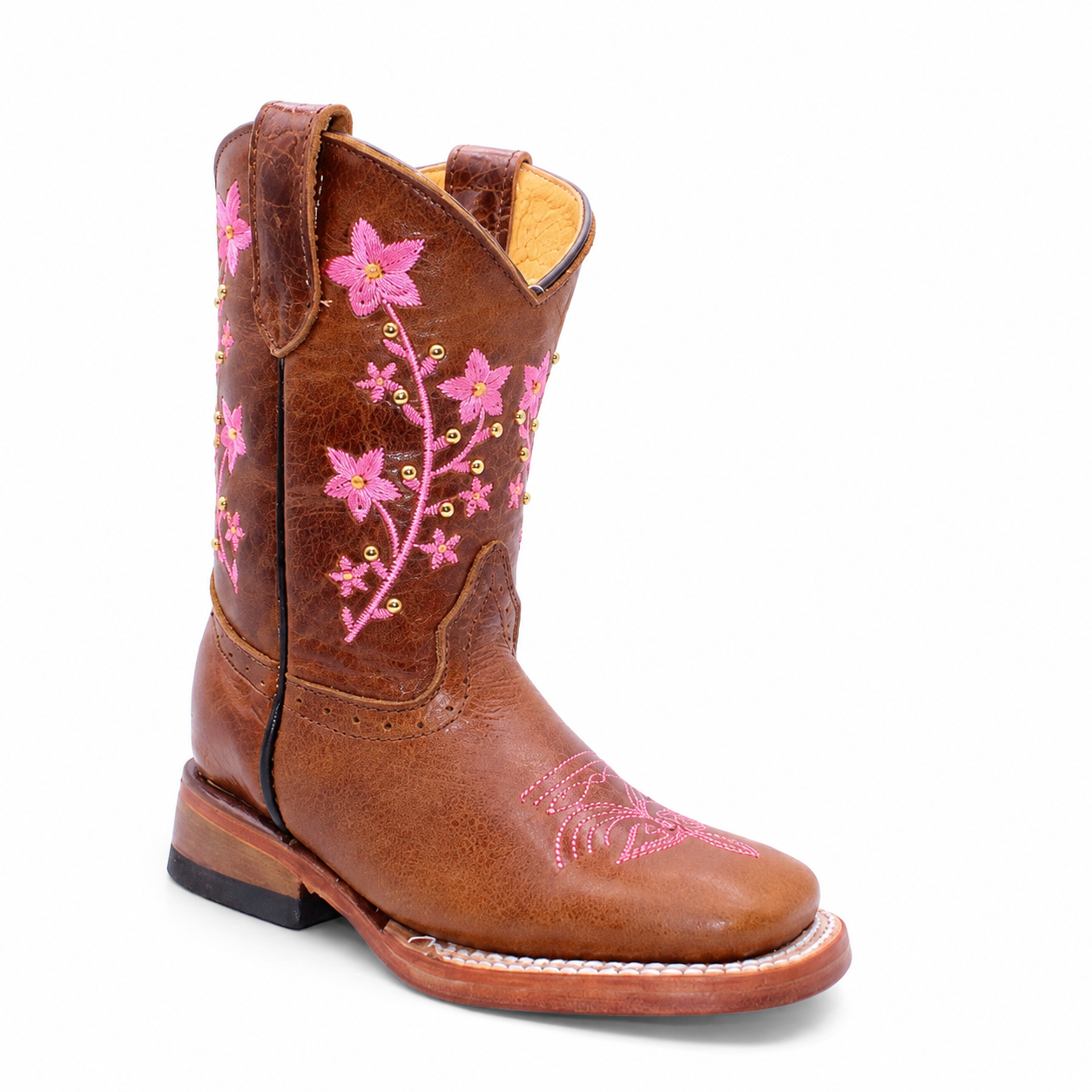 Hooch kids honey genuine leather pink floral embroidered square toe cowboy boot H327251R