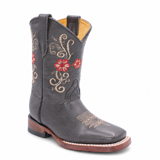 Hooch kids gray genuine leather red floral embroidered square toe cowboy boot H329509