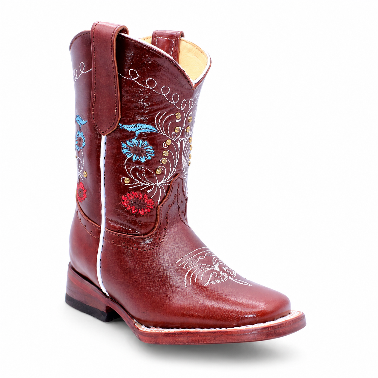 Hooch kids shedron genuine leather floral embroidered square toe cowboy boot H329550