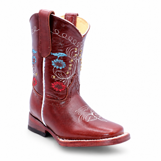 Hooch kids shedron genuine leather floral embroidered square toe cowboy boot H329550