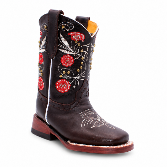 Hooch kids chocolate genuine leather red floral embroidered square toe cowboy boot H329594
