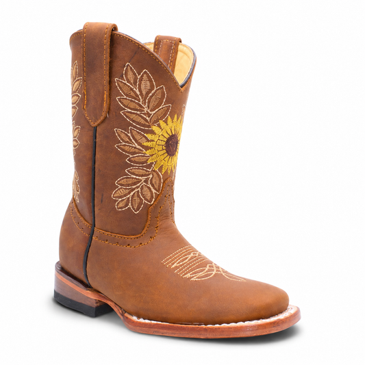 Hooch kids tan genuine leather sunflower embroidered square toe cowboy boot H32S2631