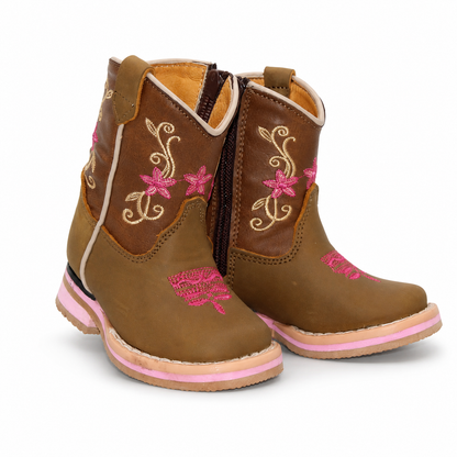 Front view of H511 genuine leather girls floral baby cowboy boots